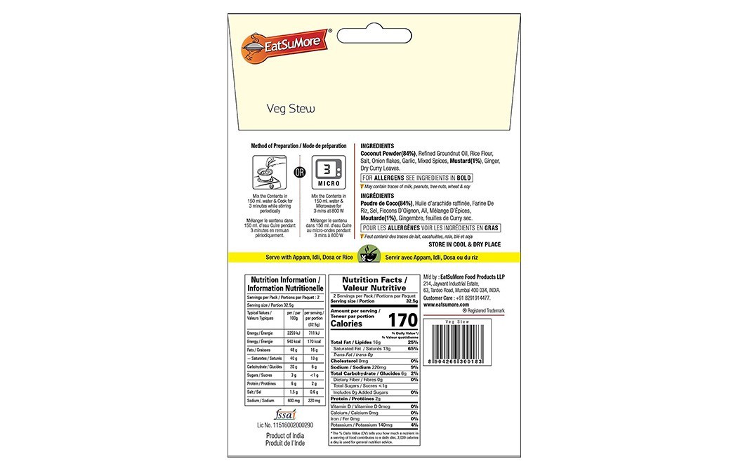 EatSuMore Veg Stew Coconut Cream Stwe    Pack  65 grams